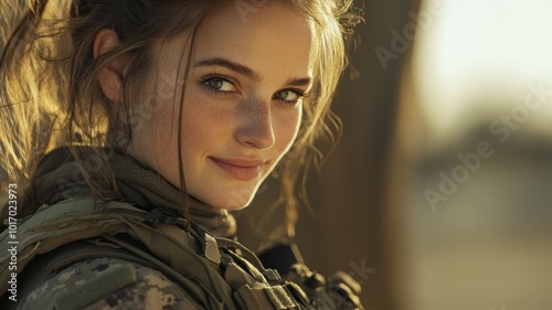 A close-up portrait of a smiling female soldier in tactical gear, illuminated by soft sunlight, conveying strength and optimism.