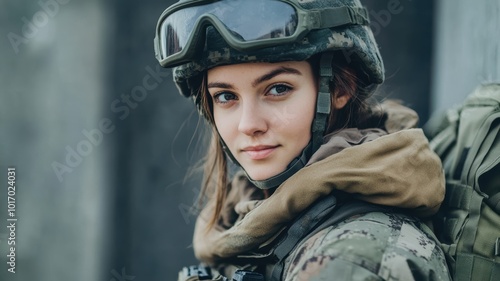 A female soldier in full tactical gear stares ahead with determination, representing strength and readiness in a military setting.