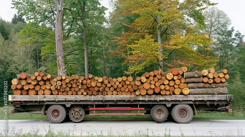 A large trailer loaded with a stack of wooden logs for transportation and delivery purposes