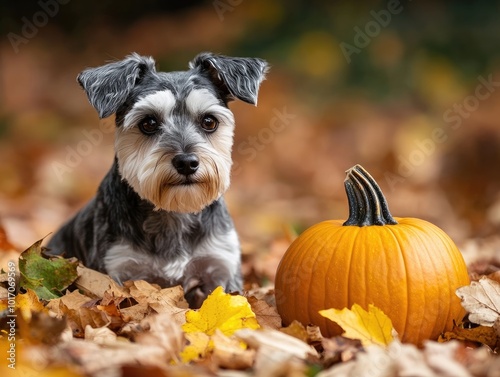 autumn scene with pumpkin and miniature schnauzer in fallen leaves