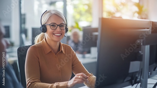 A friendly customer service representative wearing a headset engages with clients, providing assistance in a bright and modern office filled with greenery