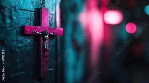 A striking image of a crucifix set against a dark wall, enhanced by vibrant and moody lighting that brings out the symbolic significance and emotive power of the piece.