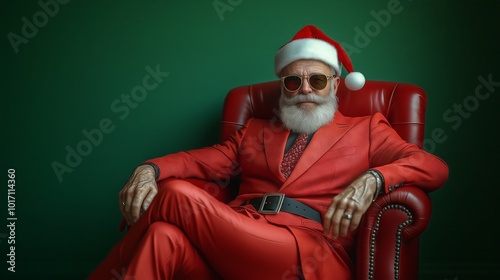 Cool santa claus wearing sunglasses and red suit sitting in armchair