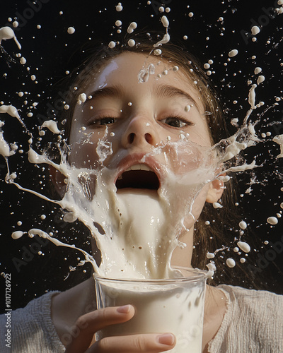 A young girl drinks milk, and the force of her gulp creates a large splash 