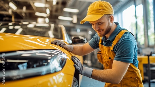 A skilled auto body repair specialist works meticulously on a car's dented fenders, aiming for a flawless restoration. Capturing the precision and dedication in the auto repair process.