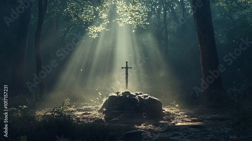 High-contrast image of Excalibur, the sword in the stone, illuminated by light rays and dust particles within a dark, forested scene