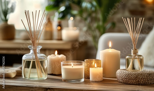 A selection of aromatic candles, reed diffusers, and other decorative items arranged on a wooden surface, creating a cozy and inviting ambiance in a modern home setting