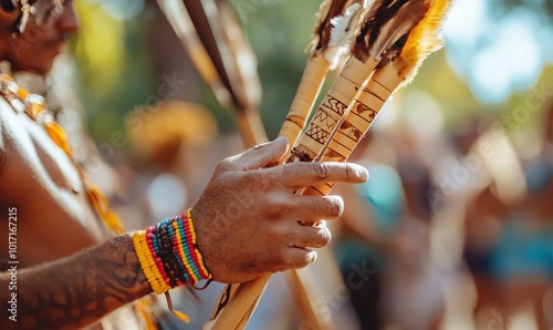 Clap sticks held in hand of aboriginal dancer at NAIDOC celebration