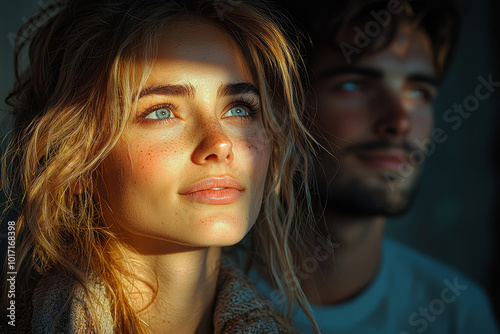 A woman looking at a couple laughing and holding hands, standing in the shadows with a sad smile. Concept of envy and longing.