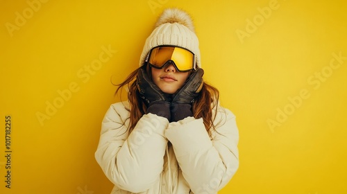 Skier girl imagines gliding down the slope.