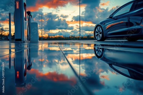 A close-up view of an electric car charging station with a car parked nearby, reflecting the colorful sunset.