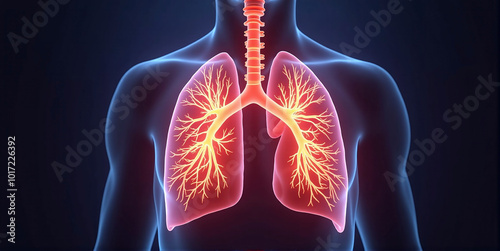 Illustration of a color-highlighted lung in a transparent human torso, lungs and respiratory diseases