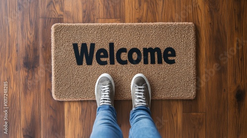 A brown welcome mat on a wooden floor, with a pair of casual gray shoes visible from a top-down perspective, creating a warm and inviting home entry atmosphere.