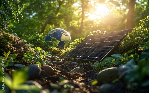 Solar panels among lush greenery with Earth in the background, representing ecofriendly energy solutions and environmental protection, highresolution