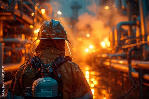 Firefighters combat flames from oil pipeline explosion with water fog extinguishers at oil rig