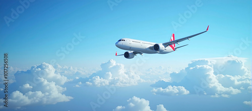 Airplane after departure on its way to the destination in front of cloudy sky, Passenger and goods transportation in aviation