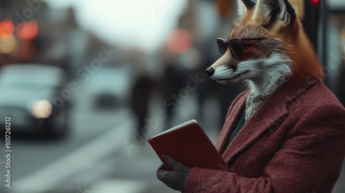 An artistic depiction of an elegant anthropomorphic fox in sophisticated attire, standing on a lively street, lost in the pages of a book, embodying intellectual grace.