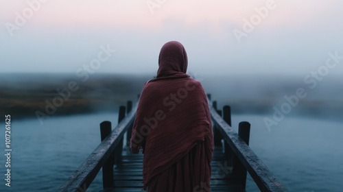 A mysterious figure draped in a shawl stands on a wooden pier, facing a hauntingly misty ocean. The image evokes solitude and introspection amidst vast surroundings.