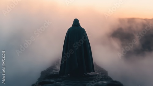 A dramatic scene of a cloaked silhouette against a backdrop of swirling fog at dawn, symbolizing an impending journey into the unknown with profound mystery.