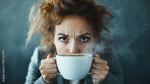 A woman with tousled hair grips her cup of steaming coffee, absorbed in thought, capturing a moment of raw energy and potential, uniquely expressive and intense.