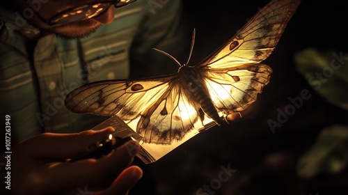 Anatomy of moth wing structure and antennae entomologist with field guide nighttime garden setting