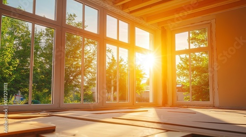 Home refurbishment process on a sunny day, featuring large, modern windows that allow natural light to flood the space. The image captures the essence of home improvement and renovation 