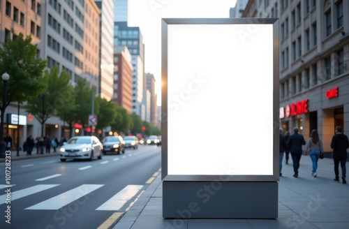 Urban setting with a large blank billboard at dusk surrounded by city buildings and pedestrians on a busy street