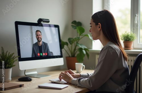 A woman engaging in a virtual meeting on her computer while sitting at her home office during a bright daytime