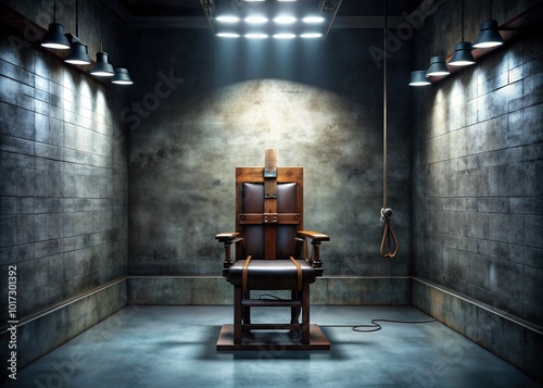 Ominous execution chamber scene featuring a solitary, worn leather electric chair with metal restraints, set against a cold, gray concrete wall with dim lighting.