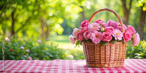 A Wicker Basket Overflowing with Delicate Pink Blooms, Nestled on a Checkered Tablecloth in a Sun-Drenched Garden