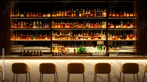 Elegant bar showcasing a wide selection of spirits and glasses.