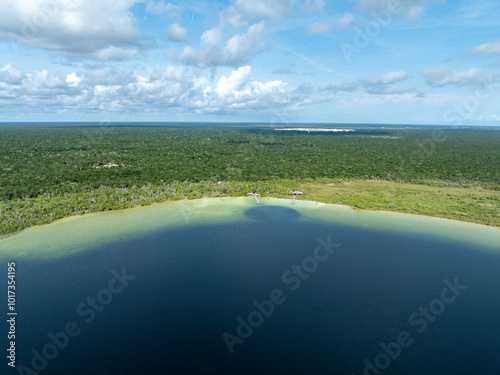 Laguna Kaan Luum aerial view. Located just outside Tulum Mexico is a lagoon with shallow clear waters popular among locals and tourists alike.