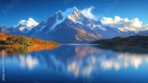 crystal clear lake reflecting the majesty of towering snowcapped mountains surrounded by lush greenery and a vibrant sky creating a breathtaking natural landscape that inspires awe and tranquility