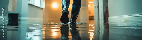 A person walking through a flooded room, showcasing the impact of water damage and the need for restoration and cleanup.