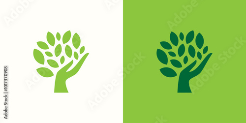 hand tree logo vector illustration, care plant logo template