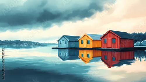 Coloured wooden boathouses on a body of smooth surface of the water reflection minimalist style cloudy weather. Scandinavian Fjords. Illustration