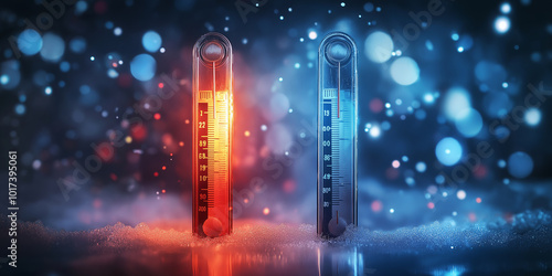 Two thermometers showing hot and cold temperatures on snow