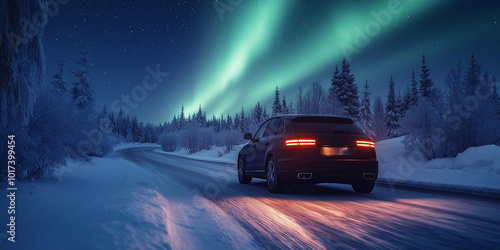 Black car driving on a snowy road at night with northern lights in the sky