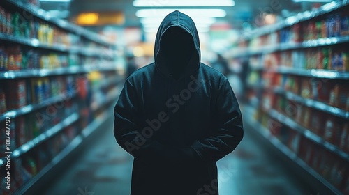 A hooded suspect lurks ominously in a retail aisle, capturing the reality of theft in a nighttime setting.