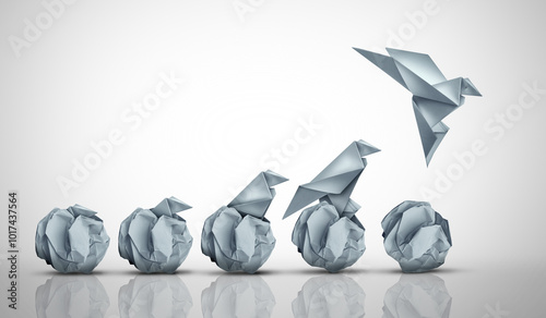 Emerging Potential And Success as an unstoppable origami bird born rising from an egg representing business start up or development breakthrough and ambition to conquer opportunities.