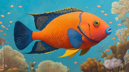 A stunning close-up of a Napoleonfish, showcasing its vibrant orange body, ornate blue and yellow fins, and intricate patterns. The fish is swimming against a backdrop of coral reefs, showcasing the 