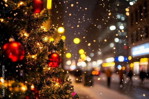 A beautifully decorated Christmas tree with red ornaments and warm lights, standing against a backdrop of a snowy cityscape. The tree symbolizes joy, festivity, and the magic of the season. The city l