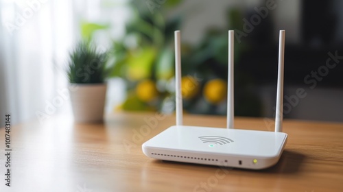 New white Wi-Fi router placed on a wooden table indoors, representing modern wireless internet technology in a home environment