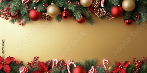 Christmas-themed banner with red and gold ornaments for holiday banners, greeting cards, or seasonal promotional material with space for text