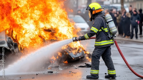 A firefighter in full gear uses a hose to extinguish a car on fire, surrounded by intense flames and smoke.