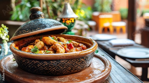 Moroccan tagine served chicken meat tajine local traditional dish recipe with ingredients learn how to cook cooking class book school in marrakech morocco