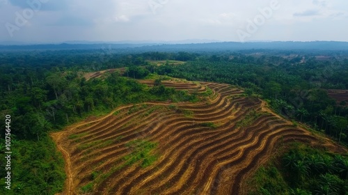 Aerial view of deforestation rainforest being removed to make way for palm oil and rubber plantations