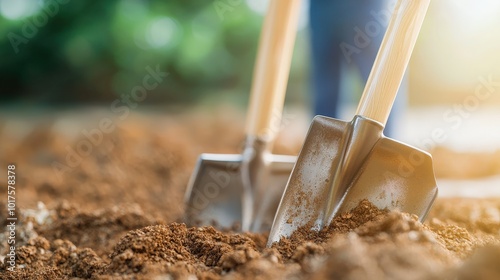 Groundbreaking Ceremony Shovels in Soil Close Up