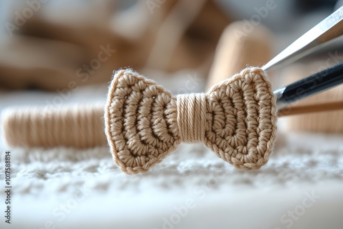 Close-up of crochet bow tie on a needlework background