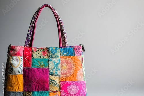 Multicolored patchwork tote bag on neutral background